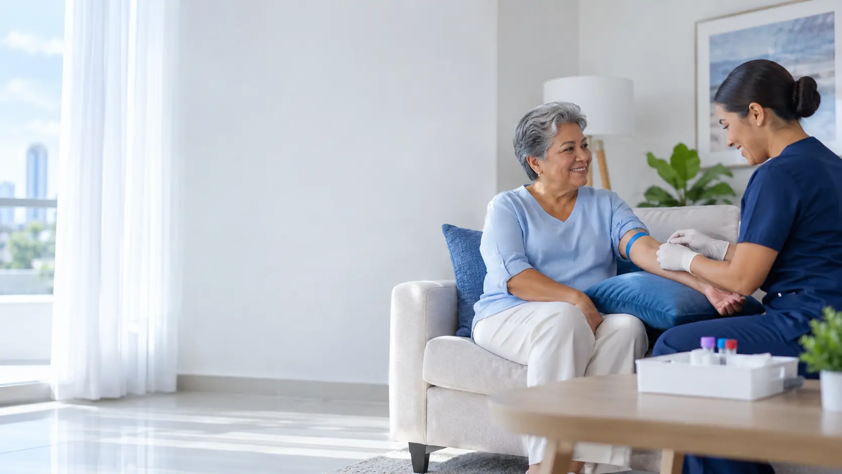 Enfermera de Syslab tomando una muestra a una señora en su sala